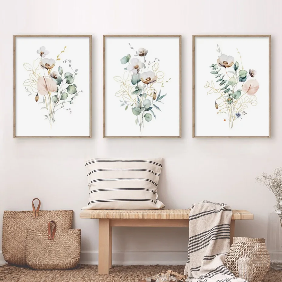 Boho Watercolor Neutral Wildflower Green Leaves Canvas Painting Poster Wall Art Print Picture for Living Room Girl Bedroom Decor