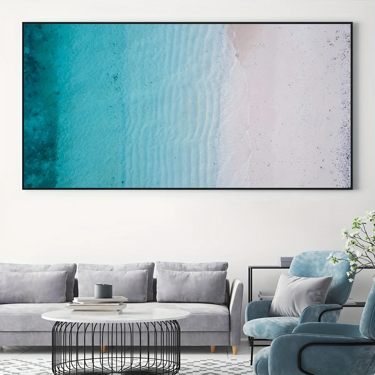

2D Flat Large Modern Serene Beach Scene Canvas Wall Art, Unframed Clear Blue & Teal Waves Prints for Living Room & Bedroom Decor