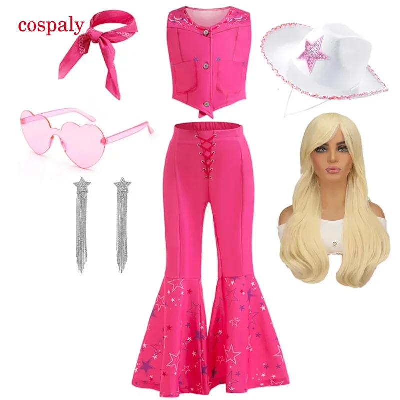 Mode Cowboy Look Kinder Hot Film Rollenspiel Kleidung Barbie Halloween Cowgirl Cosplay Fuchsia Weste und Schlaghose Kind Outfit