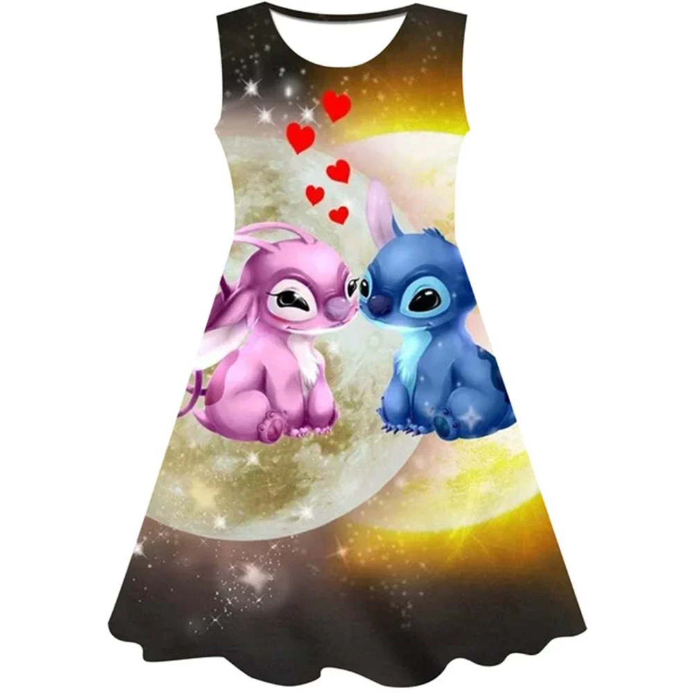 Disney-vestido Lilo e Stitch para meninas, roupas casuais infantis, Lilo e Stitch, estampa fofa, impressão 3D, kawaii, clássico, verão