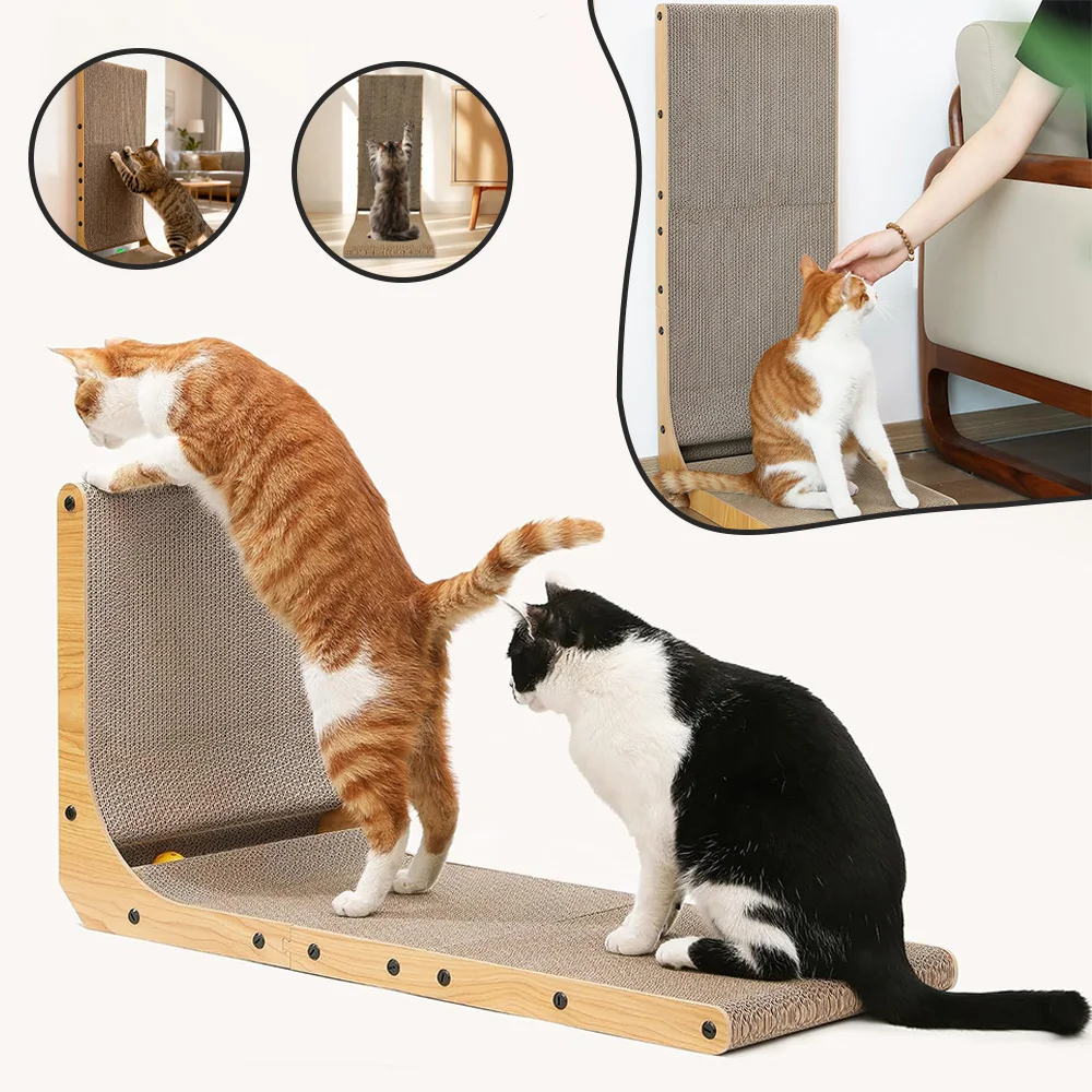 Tiragraffi per gatti verticale a forma di L con giocattolo a sfera, tiragraffi per gatti in cartone marrone, tavola da graffiare per gatti da interno, proteggi-mobili.