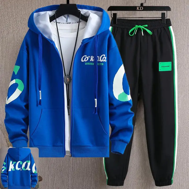 

Autumn New Pure Cotton Open Cardigan Men's Jaet Loose Casual Sportswear Two-Piece Set with Long Pants for Teenagers