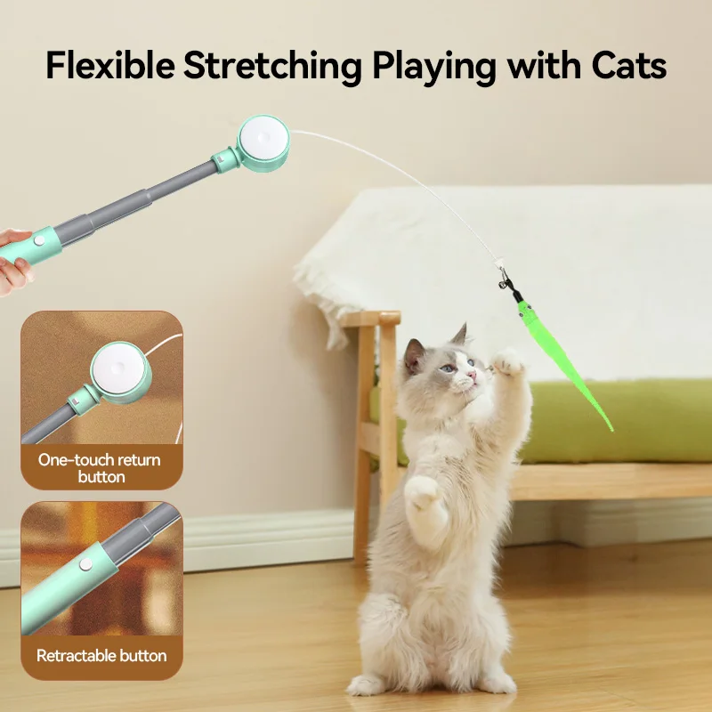 ROJECO Cat Toy Laser Retractable Cat Teaser Wand With Feather Caterpillar Interactive Fun Toy For Kitten Cat Dog Pet Accessories