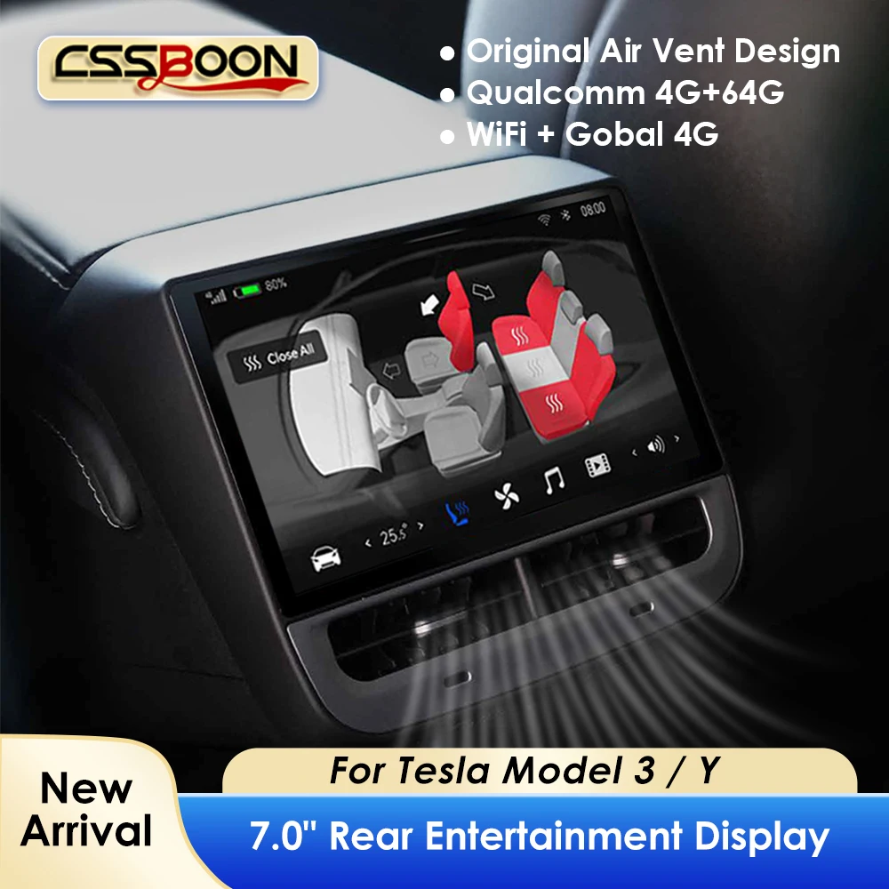 

CSSBOON 7-дюймовый задний дисплей для Tesla Model 3 Model Y, 4K мультимедийный развлекательный экран, управление кондиционером, Android Auto, автомобильные аксессуары
