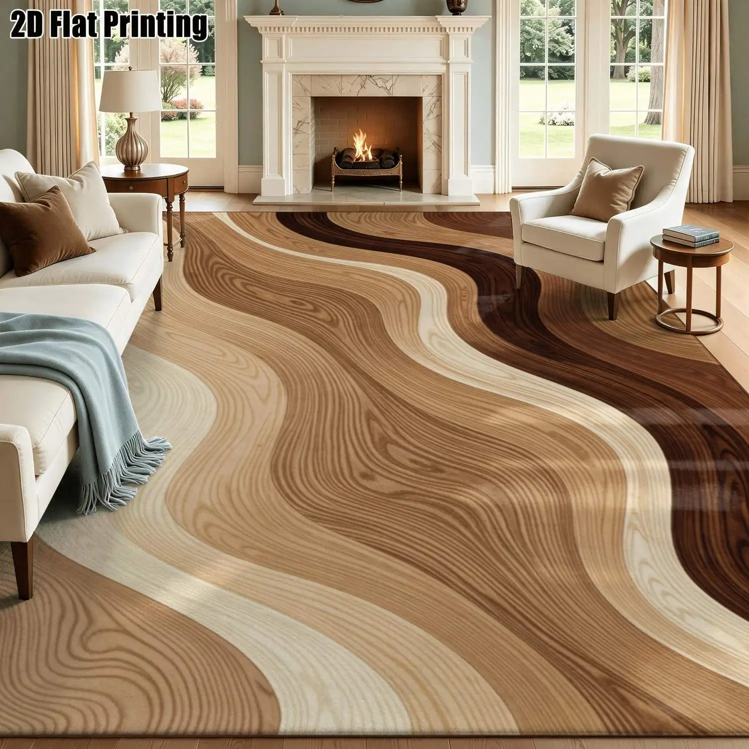 1Pc 2D Printed Color-Block Wave Wood Texture Nordic Modern Minimalist Carpet, Multi-Size Machine Washable, for Entrance/Dining/Bedroom/Study/Living Room, Home Decor