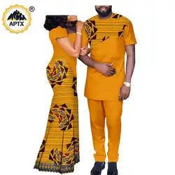 African Lace Print Long Dresses for Women Match Men Outfits Shirt and Pants Sets Dashiki African Couple Lovers Clothes A20C003
