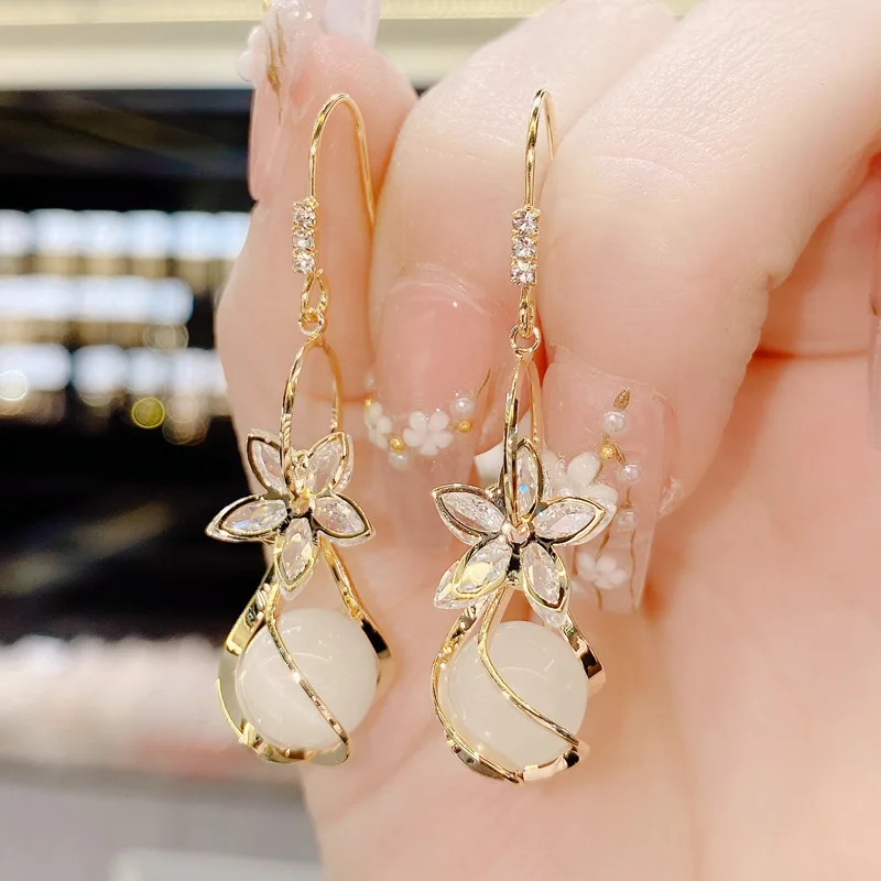 New Opal Pendant Zircon Flower Earrings Women's Personality Fashion Summer Wear Matching Accessories Party Jewelry Birthday Gift