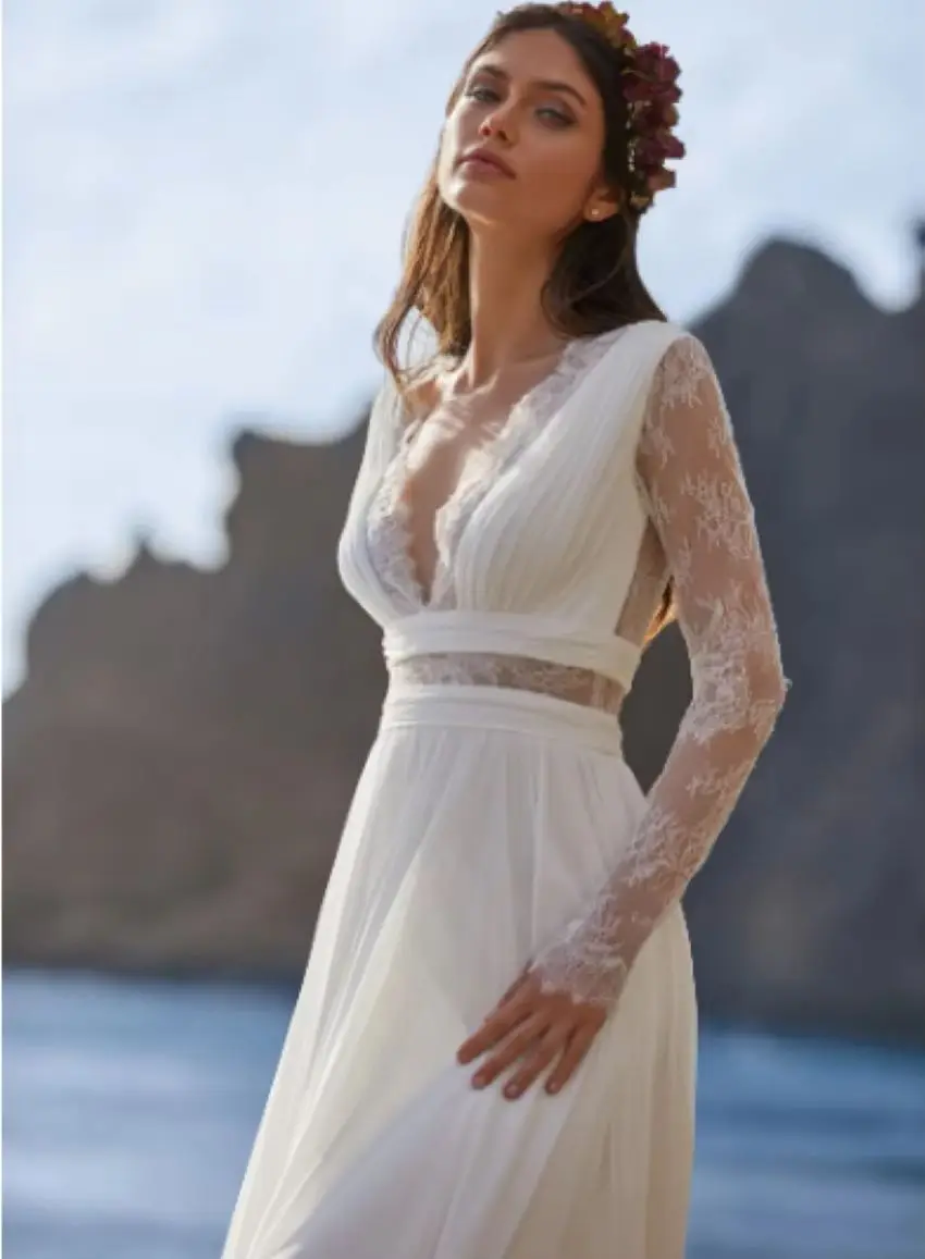 Othray-Robe de mariée bohème à manches longues, col en V, longueur au sol, mousseline de soie, ligne A, dos en dentelle, patients, quoi que ce soit avec ceinture, charmante robe de mariée