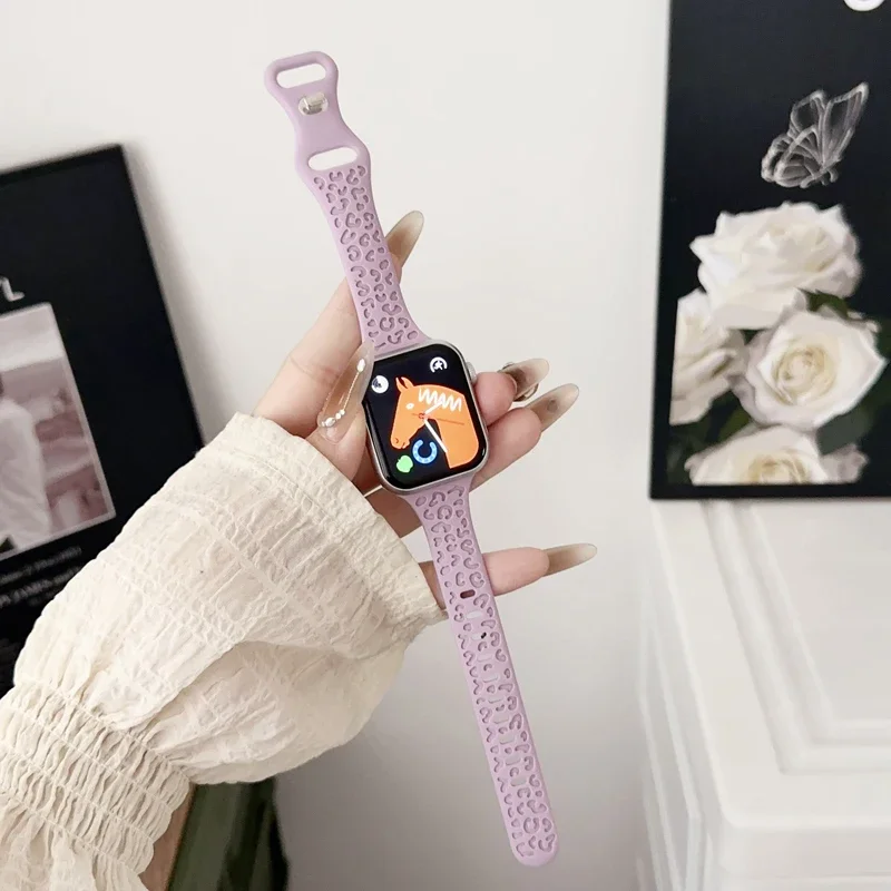 Pulseira de silicone estampa leopardo para Apple Watch, pulseira esportiva, iWatch Series 9, 8, 7, 6, 4, 5, 3, SE Ultra 2, 40mm, 44mm, 45mm, 41 milímetros, 38 milímetros, 49 milímetros