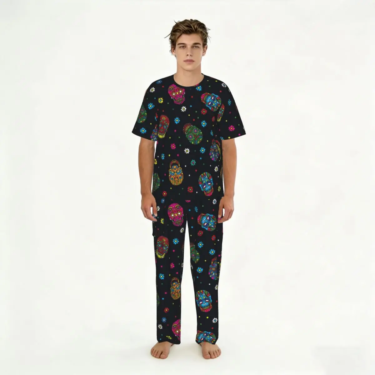 Men Pajamas Suit Short Sleeved Long Pants Day Of The Dead Pattern Sleepwear Summer Home Clothing Set