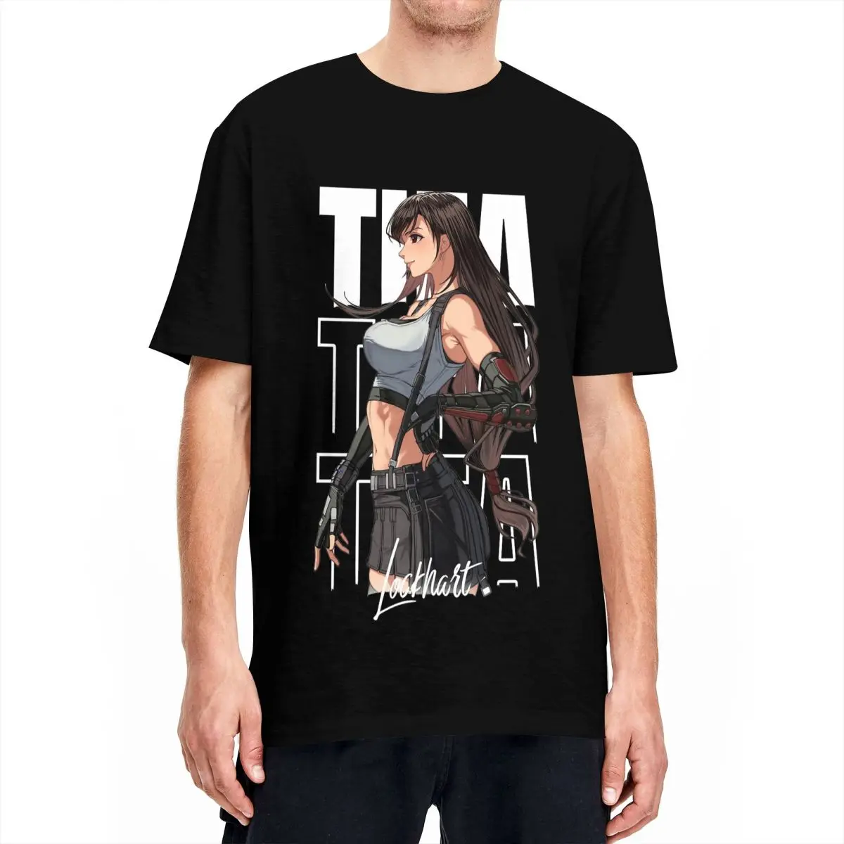 Anime Cheerful Tifa Lockhart Tshirts Unisex Cotton Tops Printed Final Fantasy 7 Crewneck Short Sleeve