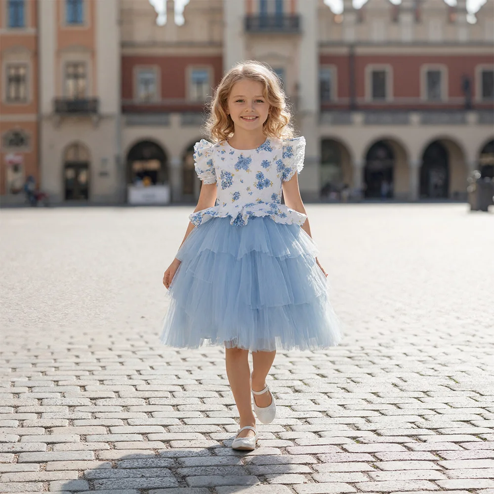 

Elegant Dress for Girls Flower Tutu Dress Summer Princess Wedding Party Short Sleeve Round Neck Party Dresses Clothes 2-10Y