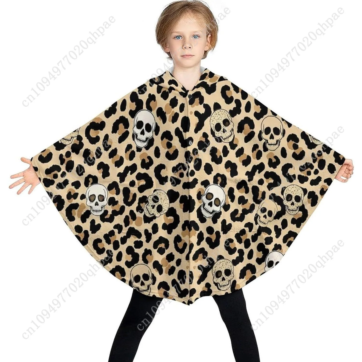 سترة بطانية مريحة من الفلانيل، هوديي كبير الحجم على شكل جماجم الفهد مع جيوب للأطفال والمراهقين #3