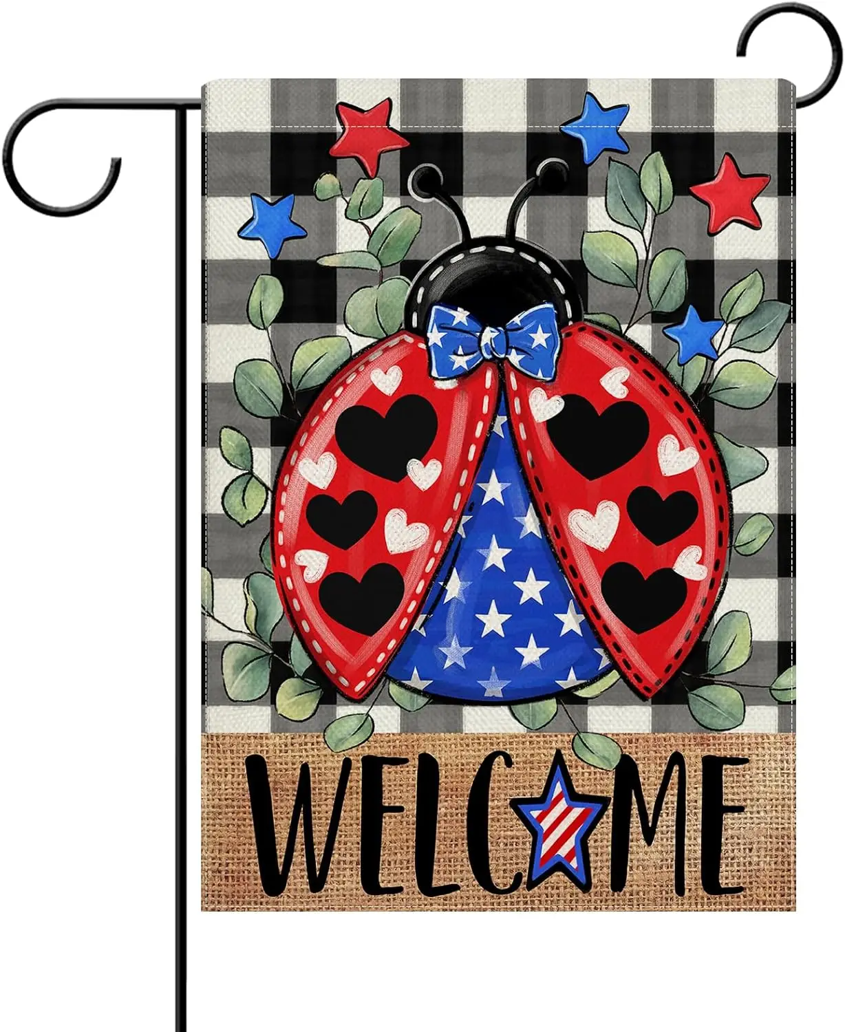 Dyrenson Welcome 4th of July Ladybug Patriotic Decorative Garden Flag, America Buffalo Plaid Check Leaves Yard Outside Home Deco