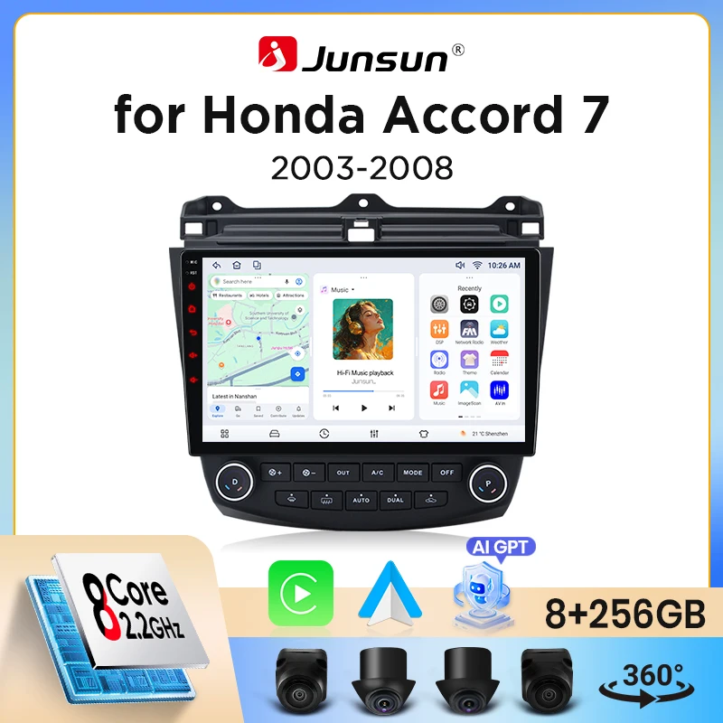 Junsun Wireless CarPlay Android Auto Autoradio für Honda Accord Mk7 (CL/CN/CM) 2003-2008 mit eingebautem Lüfter, Android GPS-Navigation, Multimedia-Player, WiFi, DSP, RDS, BT, SWC, IPS-Touchscreen,