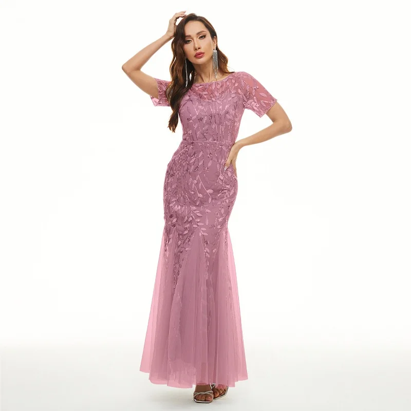 Robe sirène élégante brodée de paillettes, vêtements d'été pour femmes, manches courtes, gaine, Maxi, longue, robe de bal de soirée, robe de soirée