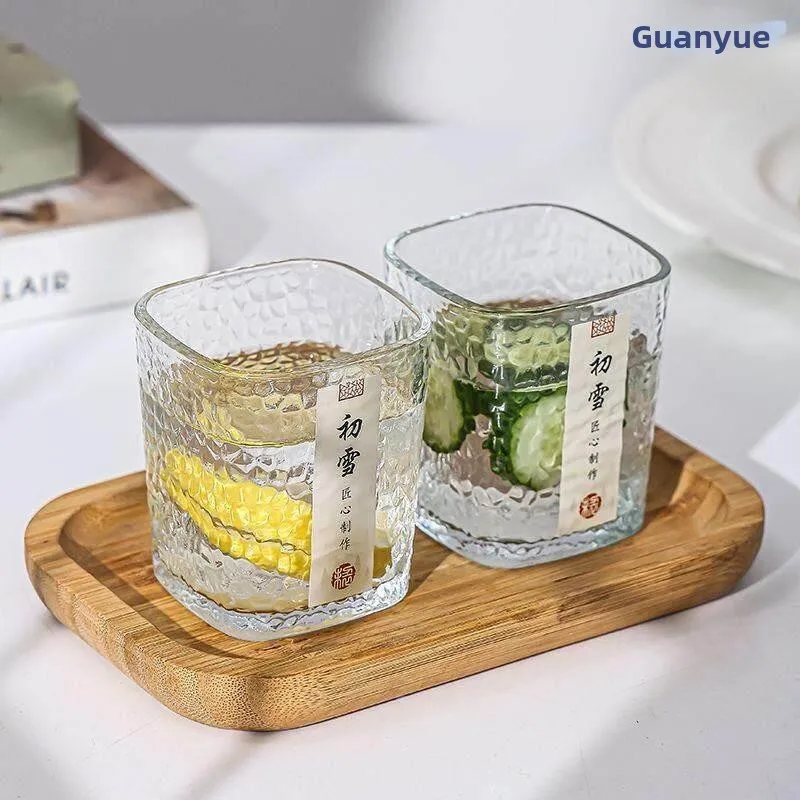 

Simple Glass Cup with Handle Hammered Pattern Whiskey Cup Tea Cup Water Cup Japanese Style Home Use Ins Wind Ice Cream Cup