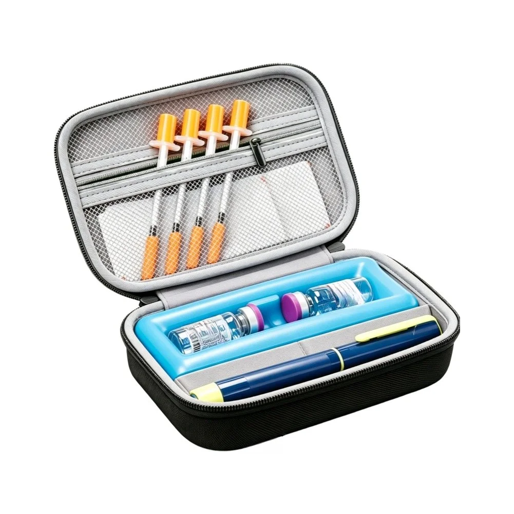 Insulated EVA Travel Case for Peptide Vials Holds 2 Vials 1 Insulin Pen 20x14cm Black Compact Cooling Storage Bag