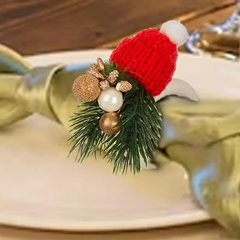 คริสต์มาสแหวนผ้าเช็ดปากชุดอาหารค่ําตกแต่งตารางแหวนผ้าเช็ดปากหมวกคริสต์มาสผ้าพันคอเข็มสนแหวนผ้าเช็ดปากชุด 6 Dining