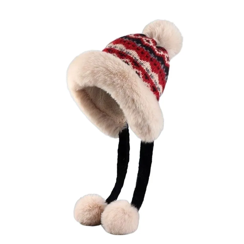 

Casual Thick Knitted Plush Hat Warm Windproof Ear Protection Hat Ethnic Style Ball Pullover Beanie Hat Skiing