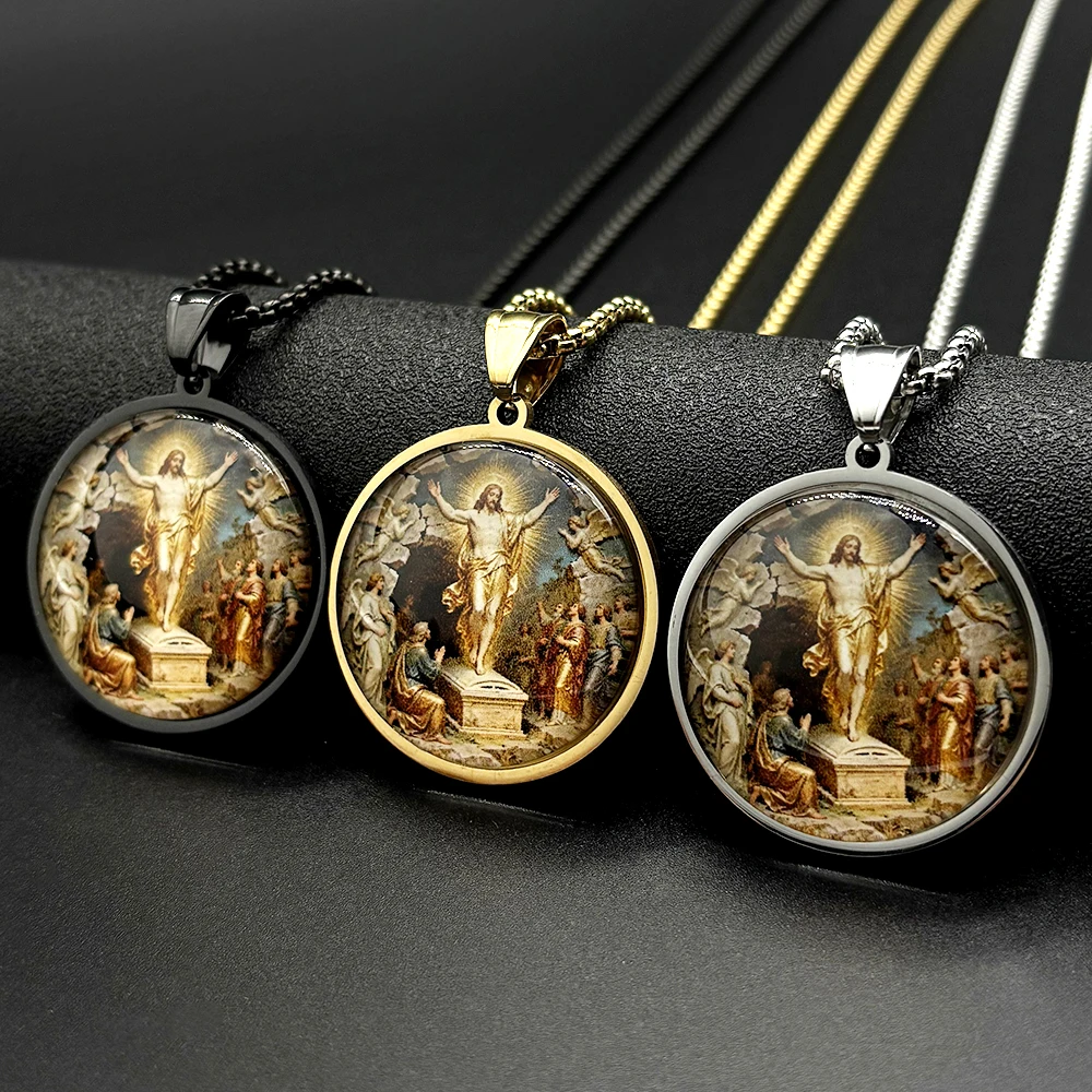 Resurrection of Jesus Glass Round Medal Pendant Necklace Women Men Stainless Steel Gold Plated Christian Amulet Chain Jewelry