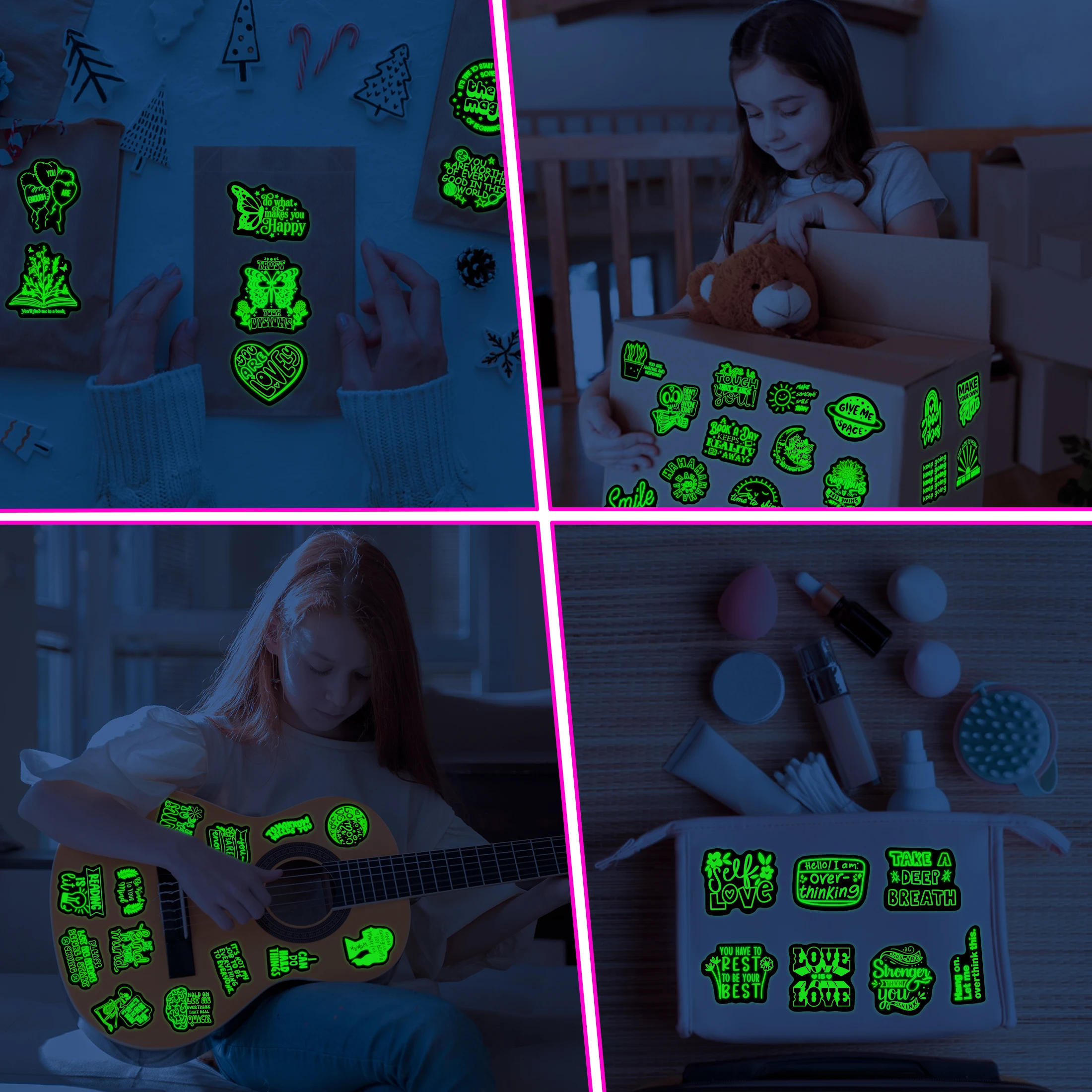 50Pcs Neon Phrase Pattern Glow in the Dark Stickers Waterproof Vinyl Decals Computer Phone Case Decoration for Kids DIY Gifts