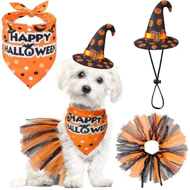 

Pet Halloween Costumes Soft Witch Dog Wizard Hat Orange Dog Triangle Scarf Cute Dog Tutu Skirt Outfit Party Decoration Supplies
