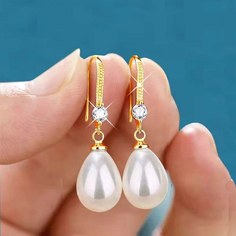 New Exquisite Fashion Silver Color Water Imitation Pearls Drop Earrings for Women Shiny Red Green Round Wedding Jewelry Gifts