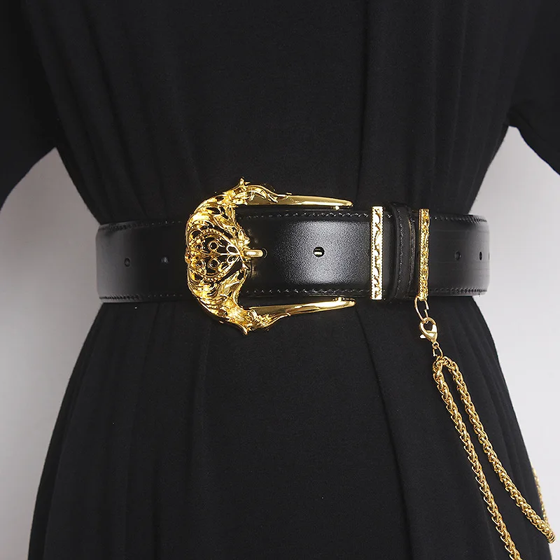 2026 Women's Genuine Leather Carved Metal Chain Buckle Wide Waist Seal Dress Decoration Corset Belts for Women Ladies Chain Belt