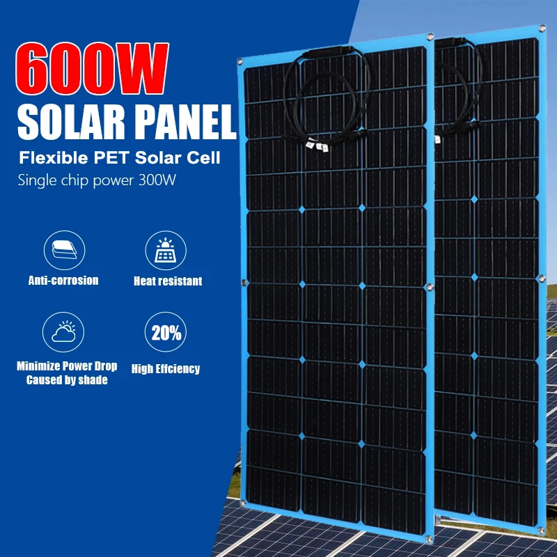 600W 300W Flexible Solar Panel Kit Portable Solar Cell Energy Charger for Outdoor Camping Yacht Motorhome Car RV Boat Caravan