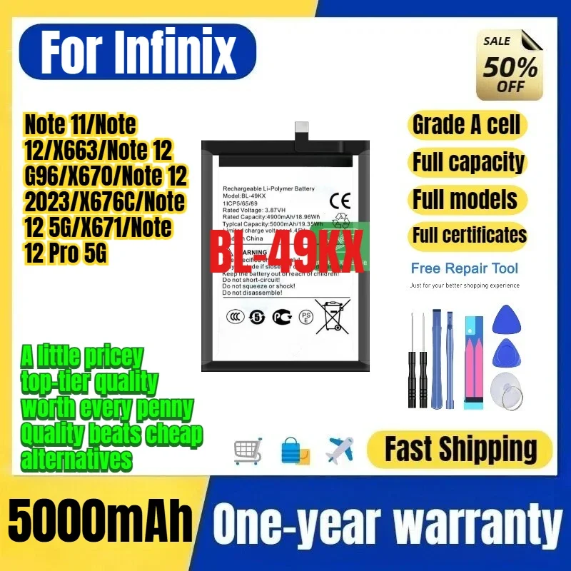 BL-49KX for Tecno Infinix Note 11/Note 12/12 G96/12 2023/12 5G/X671/12 Pro 5G/X663/X670/X676C Phone Battery Replacement Bateria