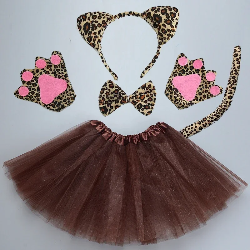 Halloween Christmas Girl Women Leopard Cheetah Cat Animal Costume Headband Bowtie Tail Tutu Skirt Set Cosplay Party Birthday