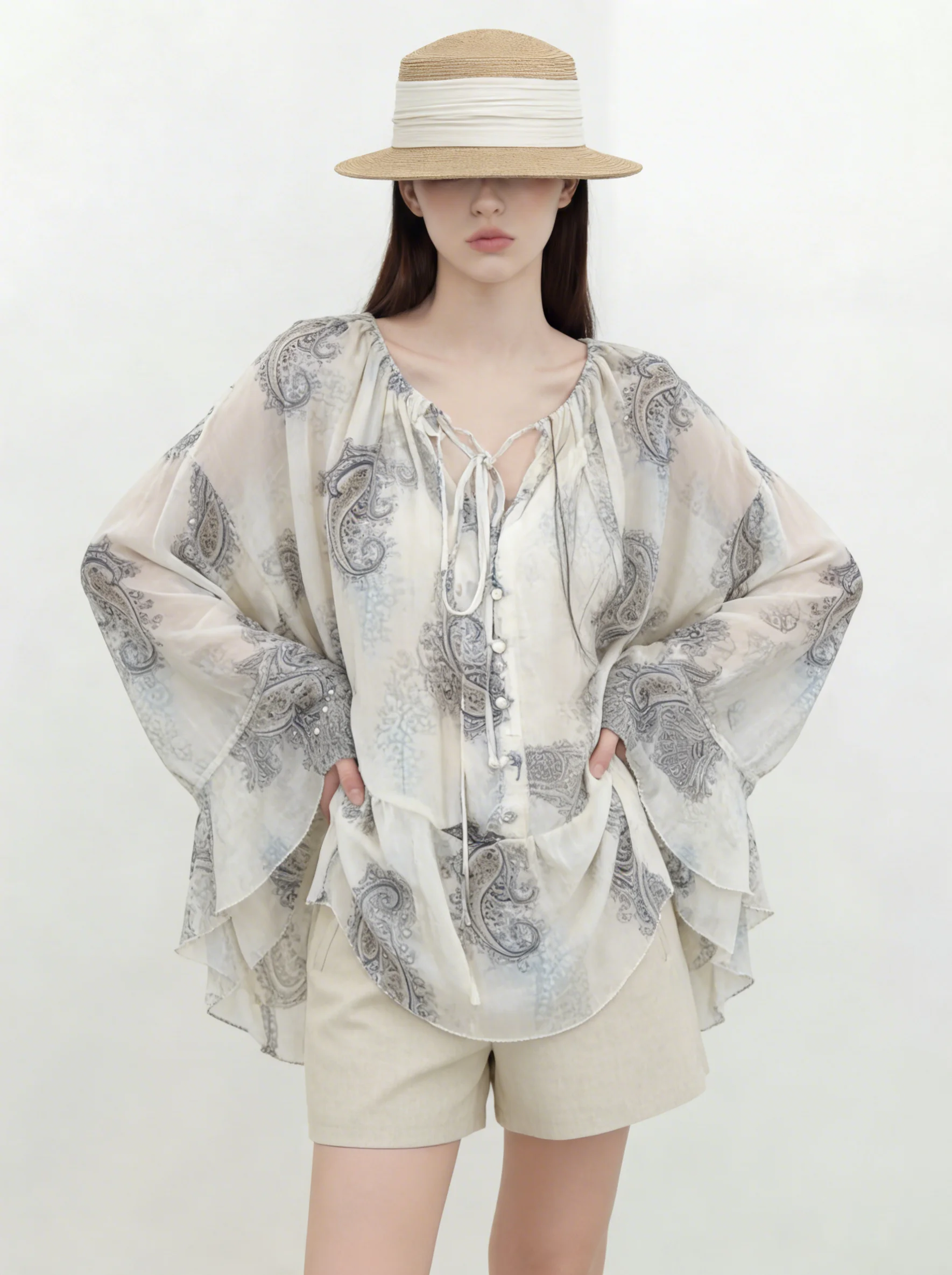 

Bohemian Print Tie-Dye Chiffon Shirt Women's Loose Fit Long Sleeve V-Neck Casual Style Spring Fashion Elegant Top