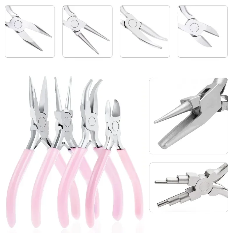 Pink Handle Nickel Iron Single Section Round Concave Pliers Handmade Jewellery Hardware Making Tool Sharp Nose Diagonal Portable