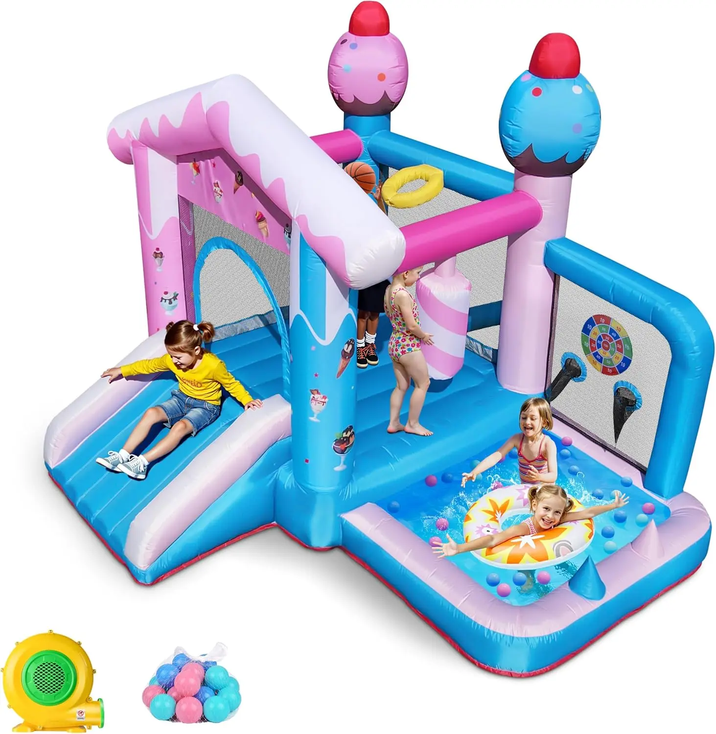 Casa de rebote inflable: casa de rebote 8 en 1 para niños de 3 a 6 años, tobogán de castillo de salto inflable para interiores y exteriores con soplador para B