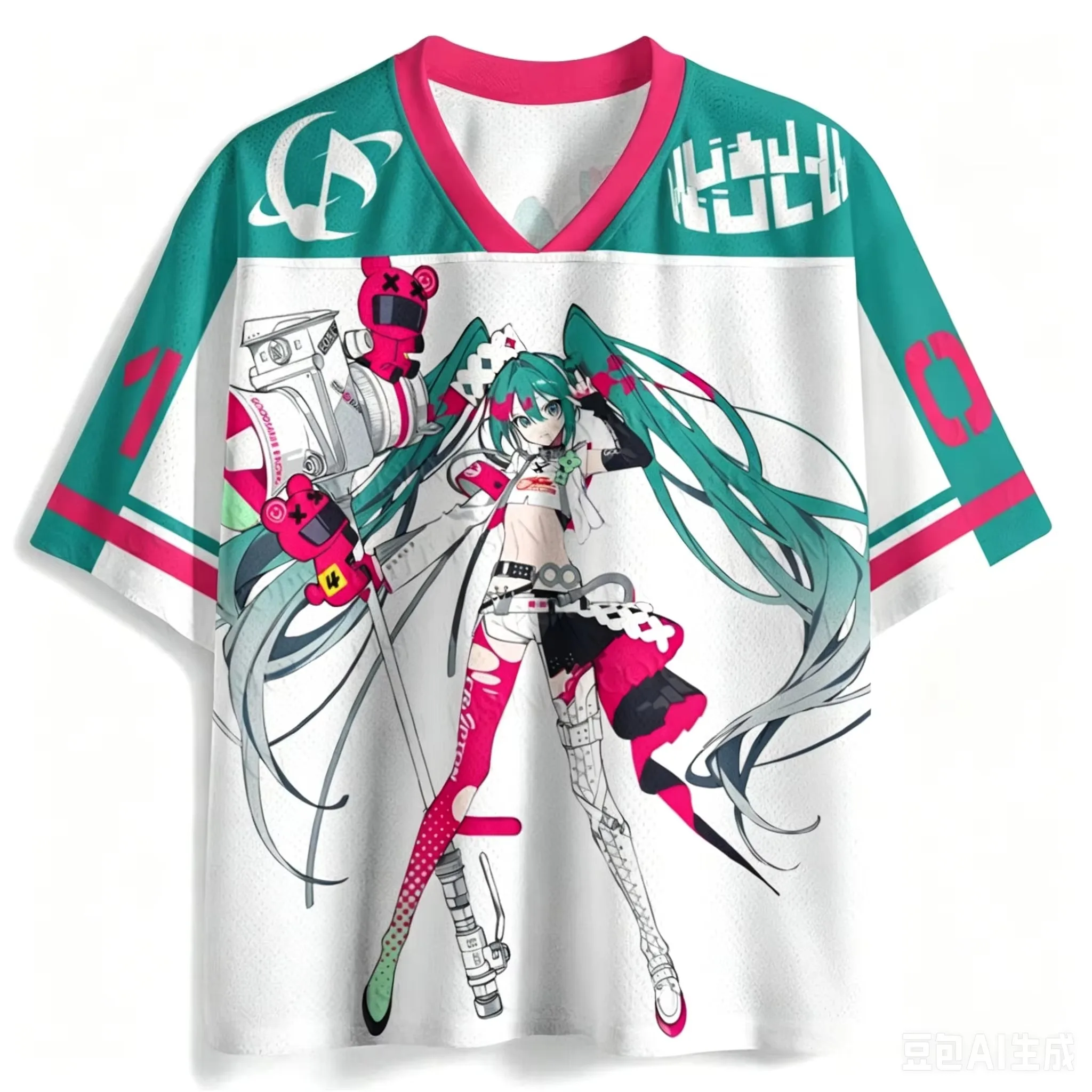 New  V-neck Anime Character Street Fashion Quick Drying T-shirt, Unisex Plus Loose Harajuku Style Printed Sports T-shirt