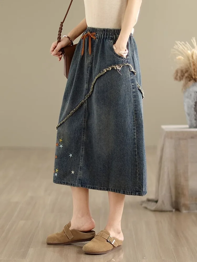 5313 Women's Summer Fashion Elastic Waist A-line Denim Skirt Pentagram Stars Embroidery Vintage Patchwork Female Slim Fit Dress