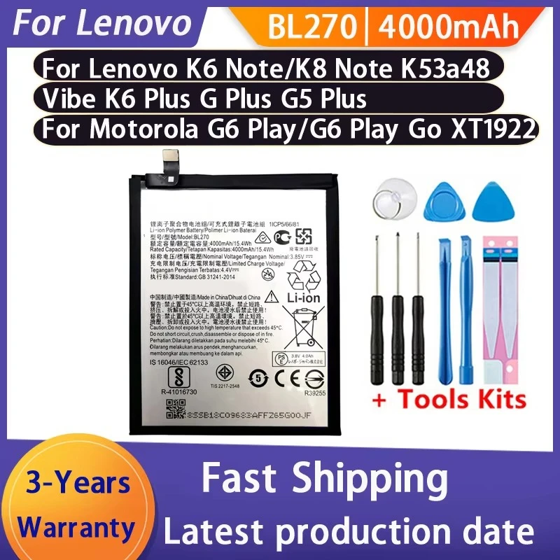 NEW For Lenovo K6 K8 Note K53a48 Vibe K6 G G5 Plus BL270 4000mAh Battery For Motorola Moto G6 Play XT1922 Replacement Battery