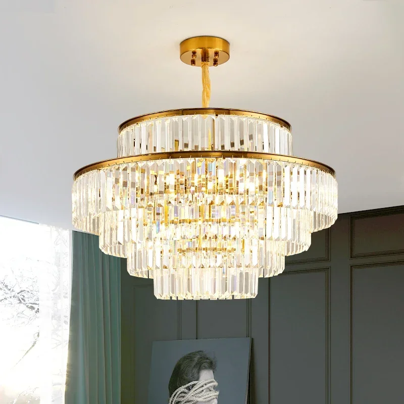 Modern Crystal Round Chandelier Golden Simple Multi-layer Living room Dining room K9 Hanging LED Crystal Bedroom Chandelier