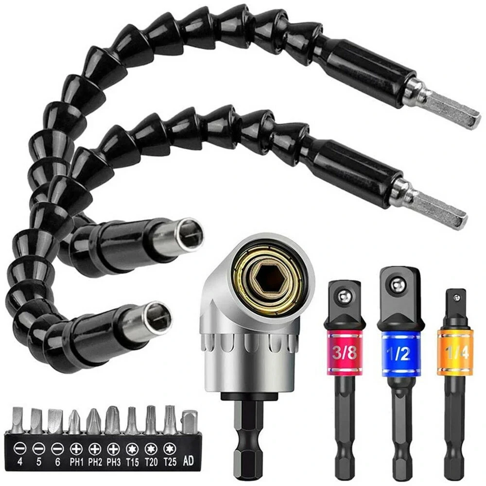 Flexible Drill Extension Hex Shank Drill Nut Driver Bit Set Bendable Drill Bit Extension+Universal Socket Adapter+Screwdriver Bi