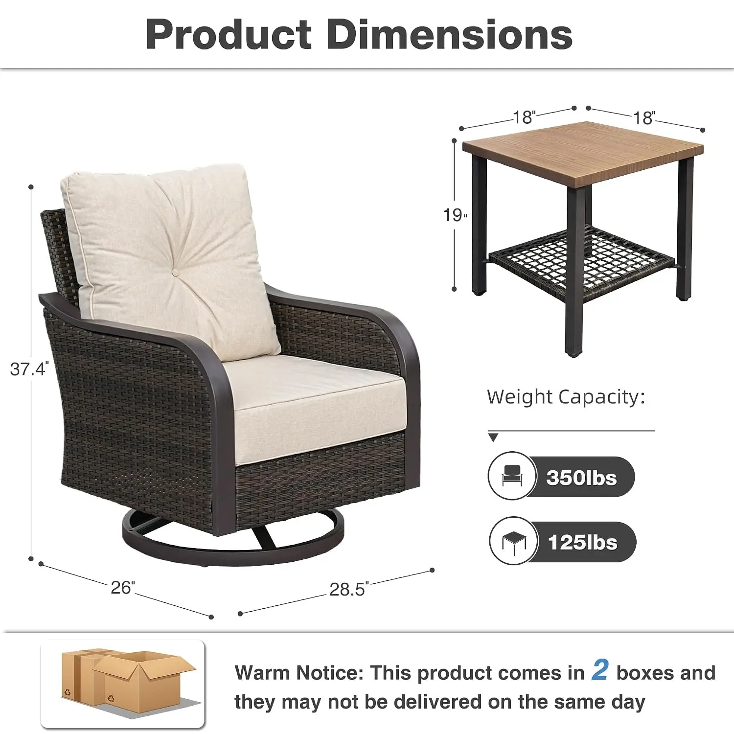 Wicker Swivel Rocking Chair Set with 6 Inch Beige Cushions, Customized