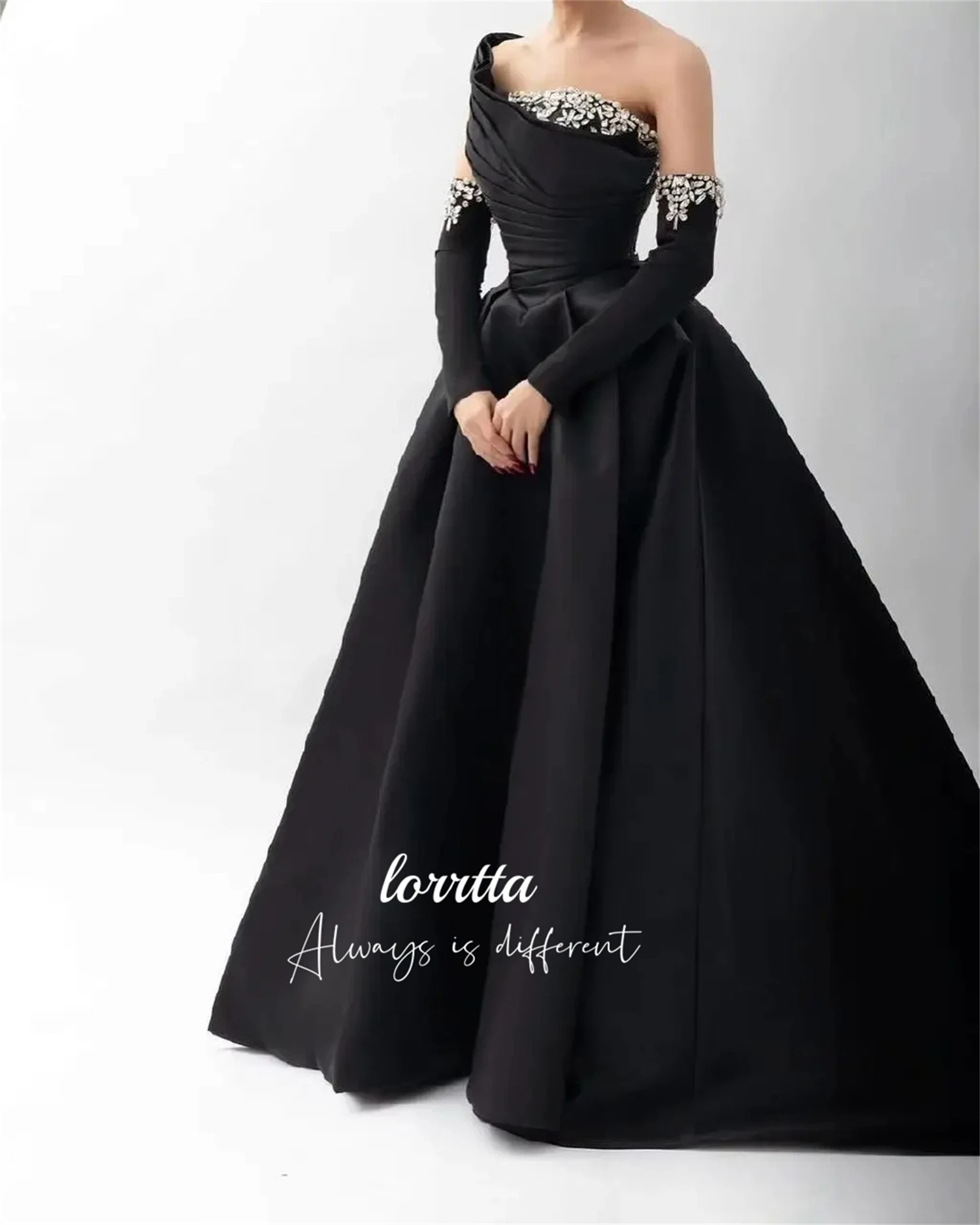 Lorrtta vestido de noite luxuoso decoração cetim vestido de baile linha formal uma vestidos de casamento pretos para ocasiões especiais personalizado