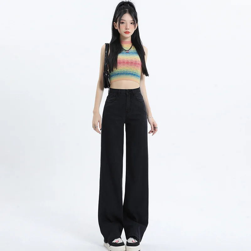 

Женские прямые джинсы, свободные джинсы с высокой талией для отдыха, винтажная корейская модная уличная одежда, повседневные джинсовые брюки, повседневные прямые брюки