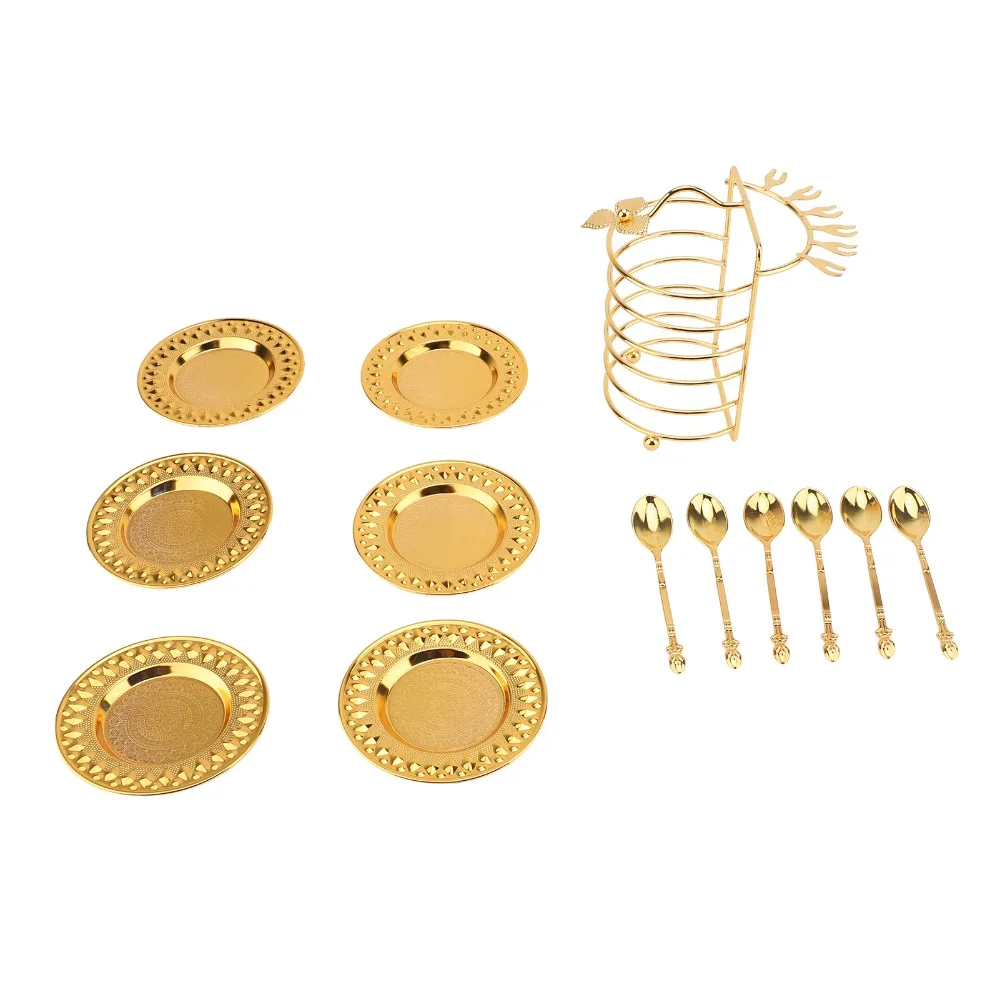 13PCS With Storage Rack Plate Spoon Set Zinc Alloy European Flatware Dinnerware Set Gold Round Fruit Plate Set For Fruits