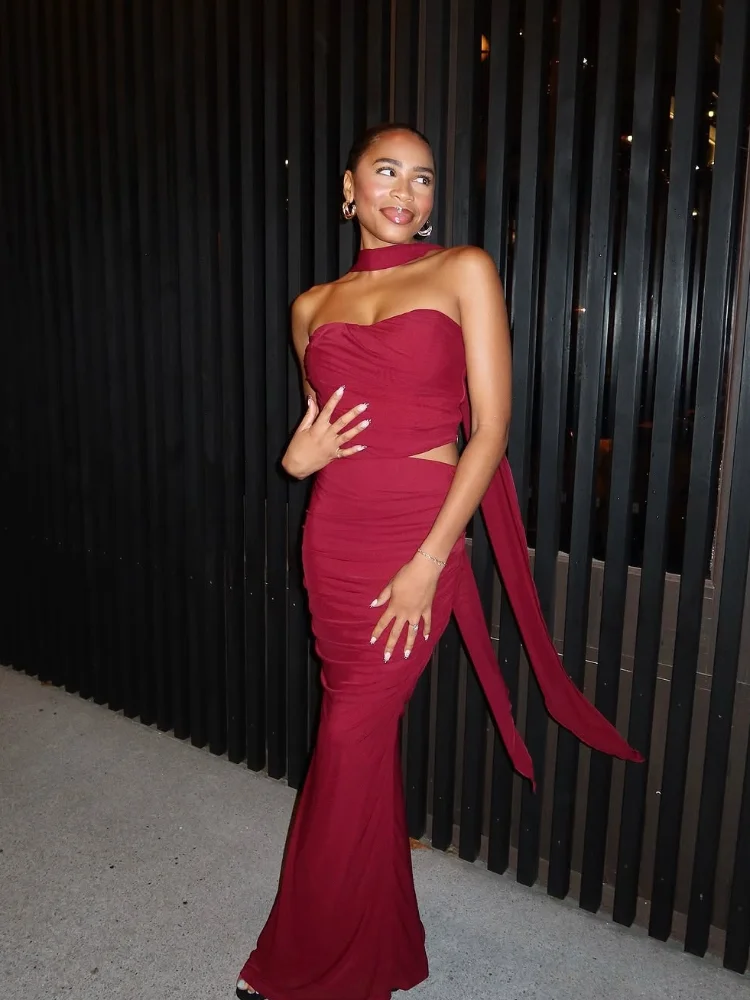 

Однотонный костюм макси-юбки без бретелек с лентой, женский элегантный облегающий плиссированный комплект с длинной юбкой, осенний праздничный наряд для вечеринки