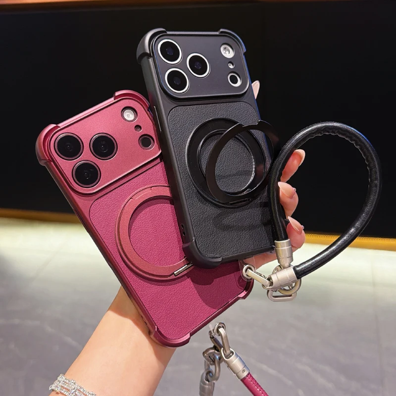 Four Corner Air Cushion Frame And Dack Cover Folding Dracket Wrist Strap Phone Case For IPhone 17 16 15 14 18 Pro Max Phone Case