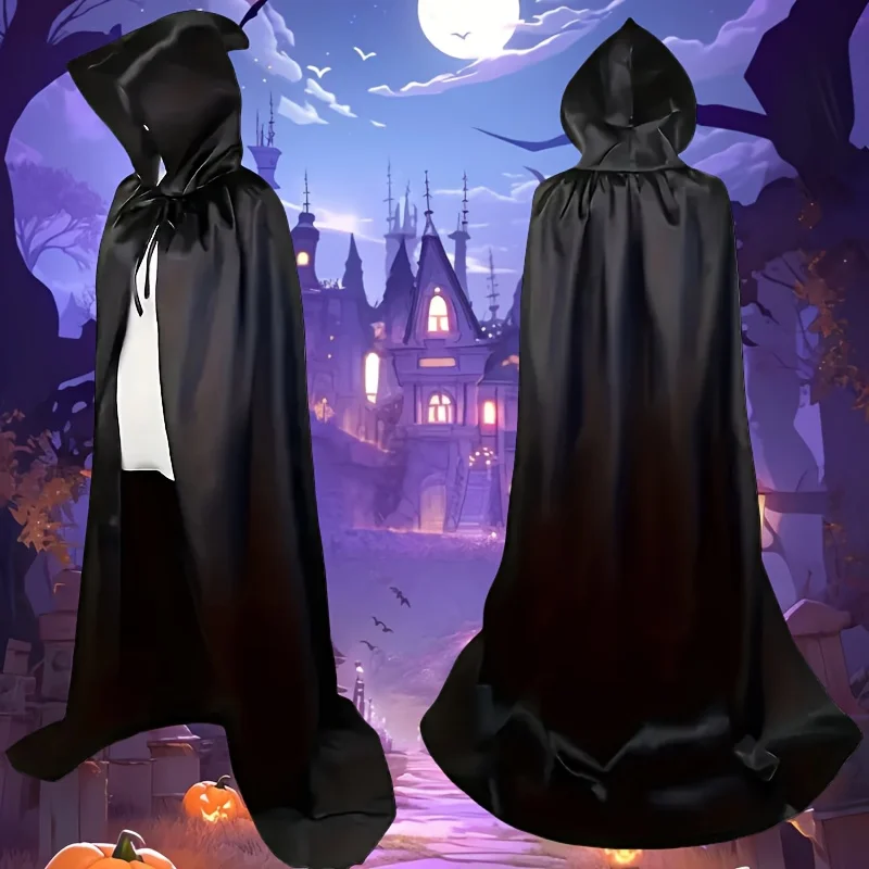 Halloween Cloak Soft Unisex Hooded Black Robe Witch Long Cape Cosplay Costume Prop Party Performance Supplies Holiday Decoration