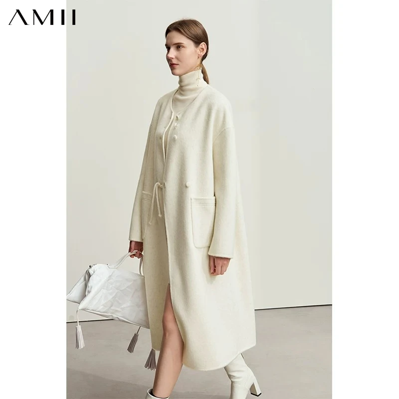 AMII Minimalist Neo-chinese Woolen Camel Wool Double Side Coat for Women 2026 Winter Round Neck Female Loose Outerwear 12444124