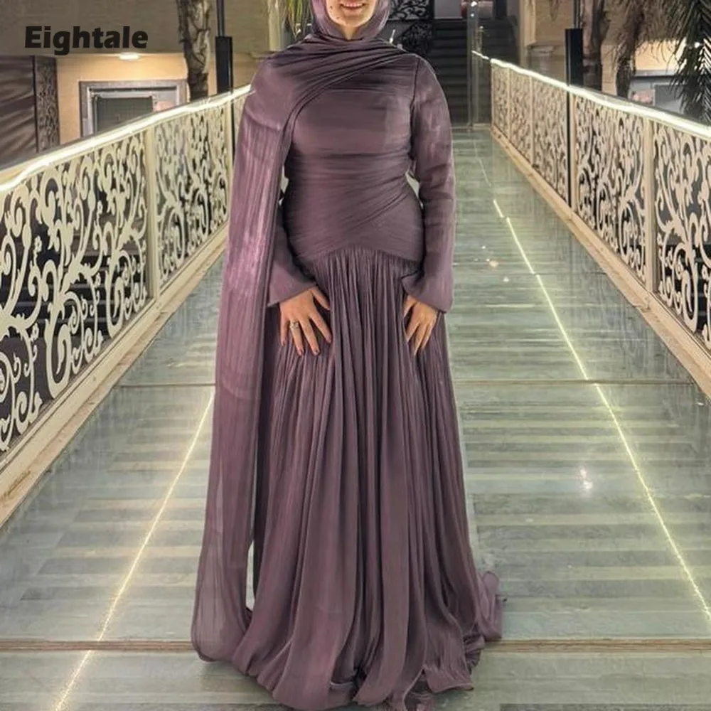 ชุดราตรีอาหรับแบบเอแปตเทล คอทรงโอ จับจีบ ผ้าเครป สีม่วงแบบมุสลิม แขนยาว ทรงเอไลน์ สำหรับงานพรอม งานแต่งงาน และงานเลี้ยงต่างๆ