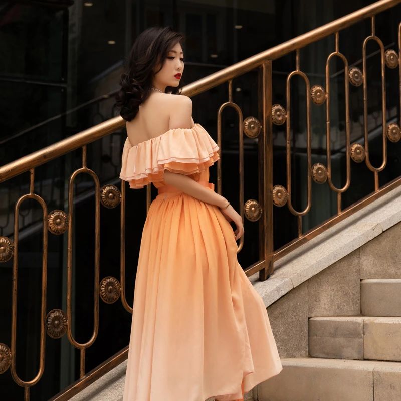 

Casual Loose Thin Big Swing High Waist Off Shoulder Large Summer Dress Orange Gradient Chiffon Rockabilly Vintage Elegant Ladies